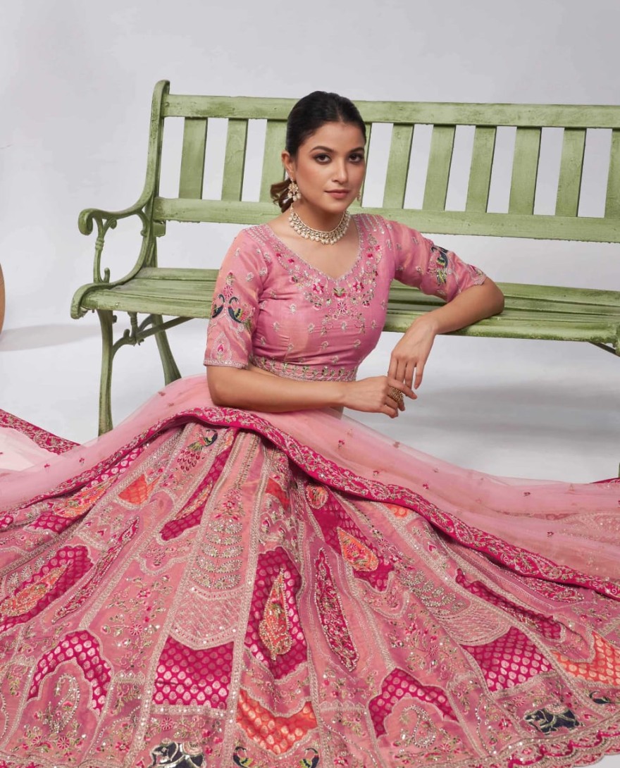 492 Pink - Pretty Pink paisley Motifs traditional embroidered wedding Lehenga
